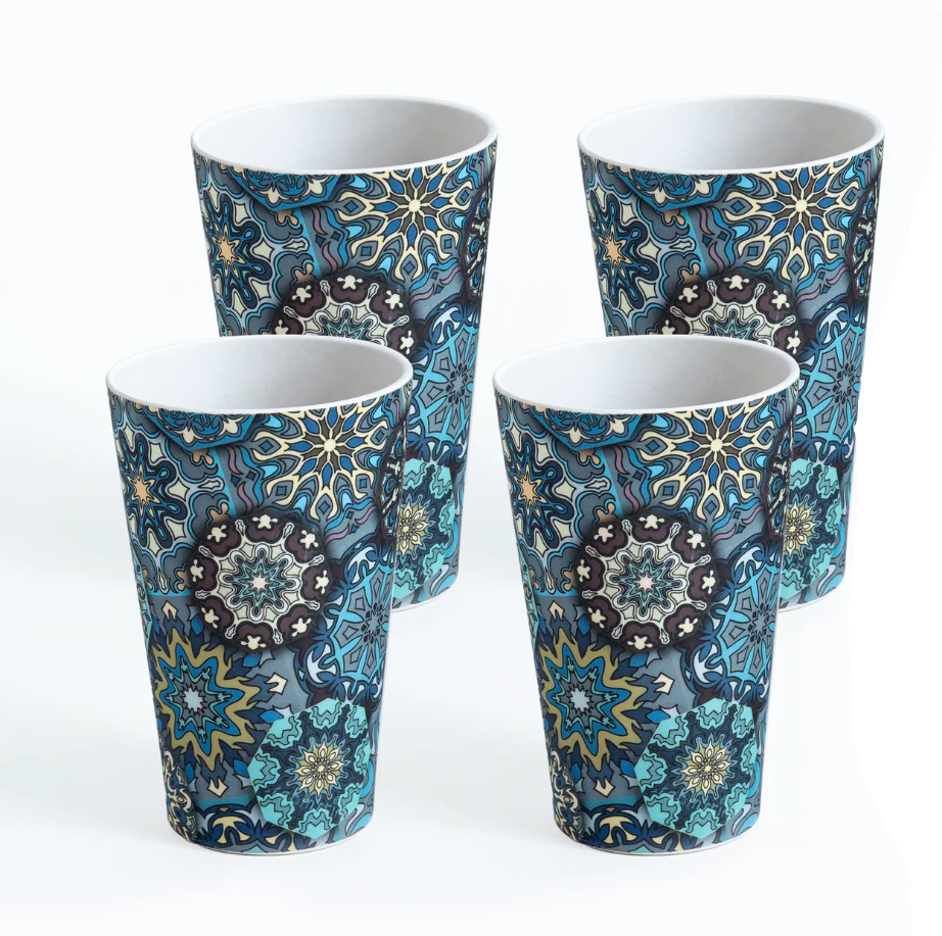 Mystic Blue Mandala Bamboo Water & Juice Glasses- Set of 4